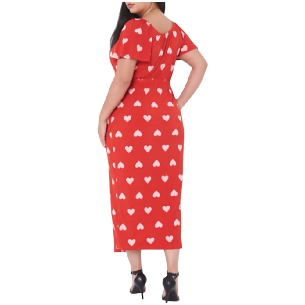 LANE BRYANT WOMEN'S RED PINK HEART FLUTTER SLEEVE FAUX-WRAP MAXI MID DRESS PLUS - Picture 7 of 12